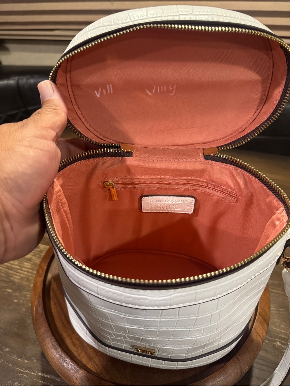 White Croc-Embossed Round Crossbody Bag with Coral Interior